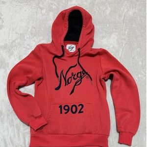 Norge 1902 Mens S Red Pullover Graphic Hoodie Sweatshirt Fleece Hood Y2K 90s